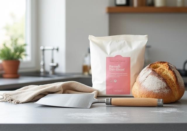 Artisan bread flour and sourdough starter tools on a rustic table