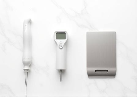 Dough scrapers and digital thermometers on a workspace