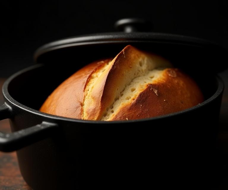 Cast iron Dutch oven with a fresh loaf of sourdough bread inside