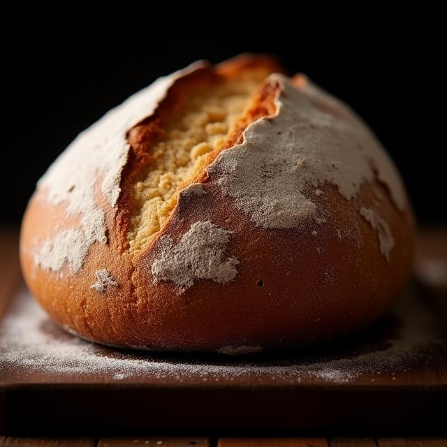 Freshly baked rustic sourdough loaf with steam rising