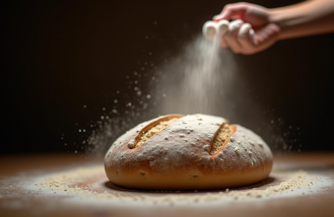 Artisan flour being dusted over a sourdough loaf