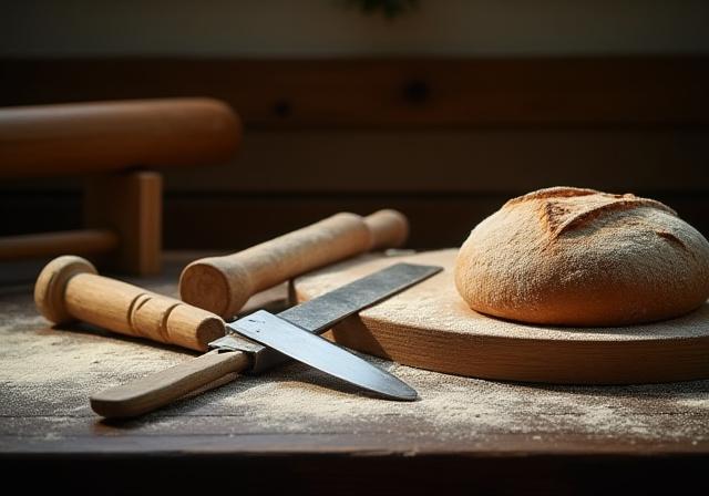 Artisan baking tools spread on a floured wooden table